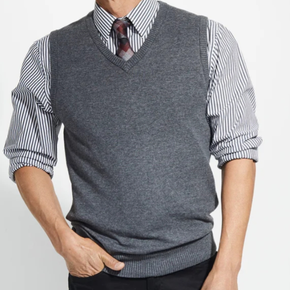 100% Cotton Gray V-Neck Sweater Vest  L Men's | Land's End |